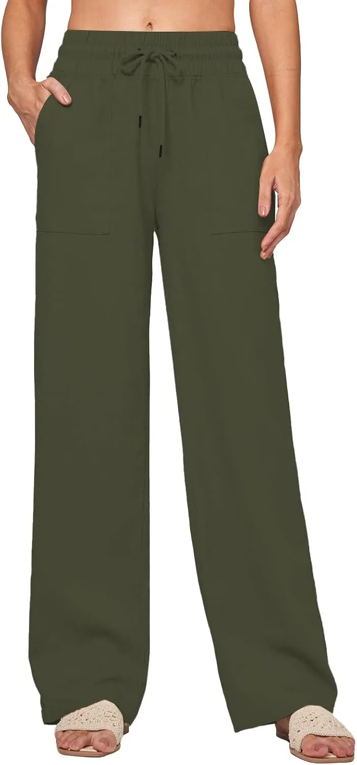 Womens Linen Pants Wide Leg Elastic High Waist Pants Summer Casual Work Long Trousers with Pockets Lounge Wear