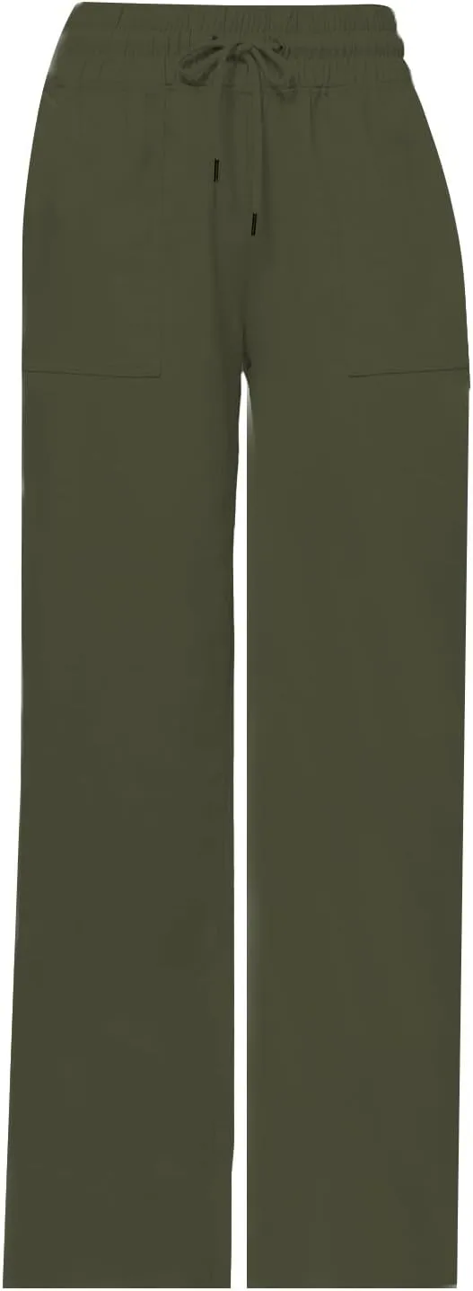 Womens Linen Pants Wide Leg Elastic High Waist Pants Summer Casual Work Long Trousers with Pockets Lounge Wear