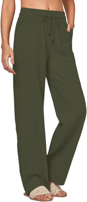 Womens Linen Pants Wide Leg Elastic High Waist Pants Summer Casual Work Long Trousers with Pockets Lounge Wear