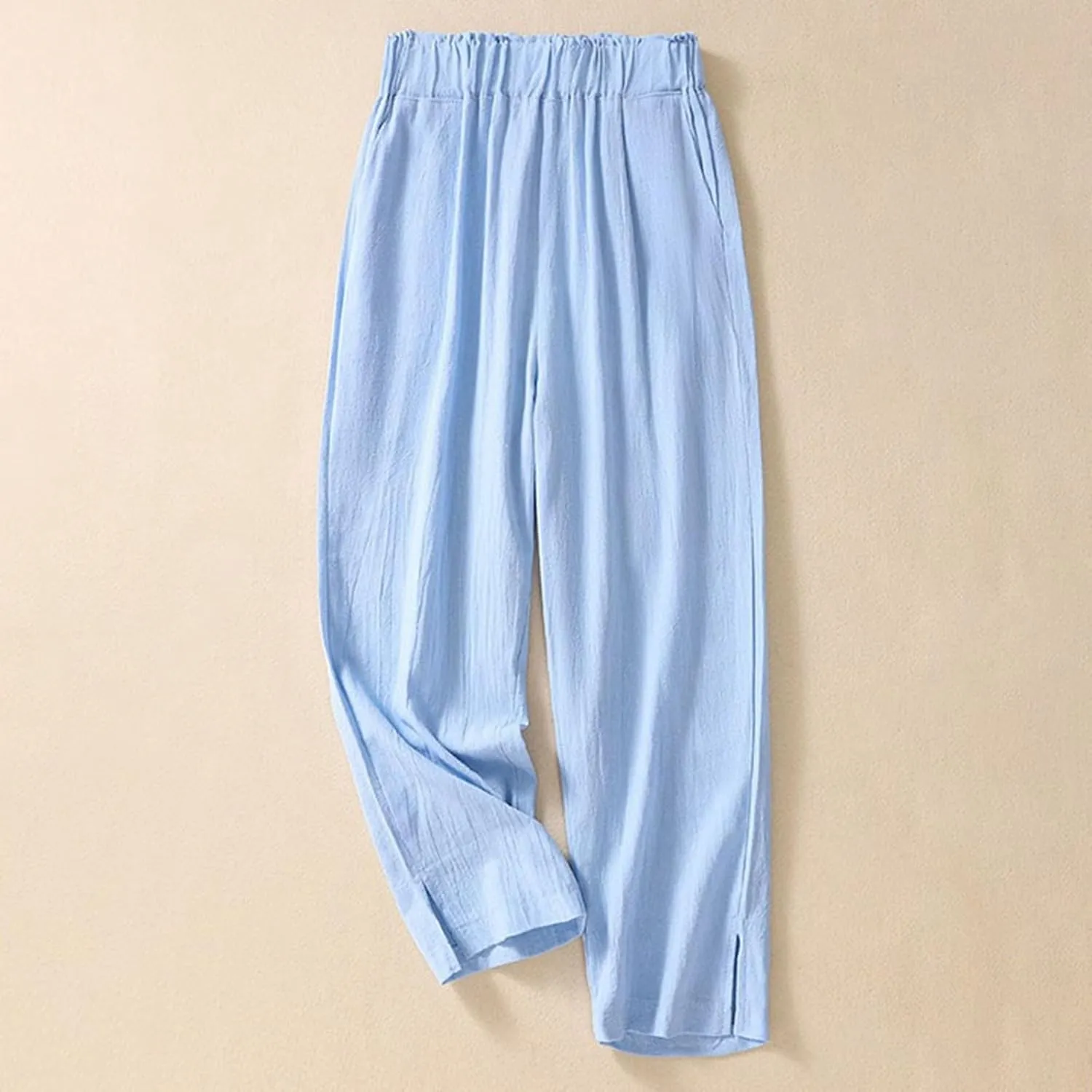 Women's Linen Summer Capris Pants Wide Leg High Elastic Waist Palazzo Pants Boho Beach Trousers Vacation Outfits