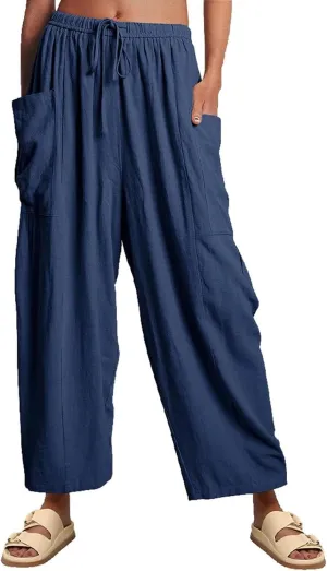 Womens Linen Wide Leg Pants Casual Loose Drawstring Low Waist Beach Palazzo Harem Pants with Pockets