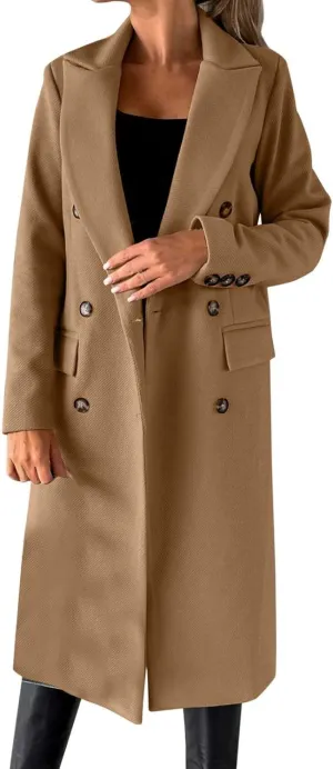 Womens Long Double Breasted Coats Lapel Collar Pea Coat Winter Slim Fit Jackets Trench Coat Outwears