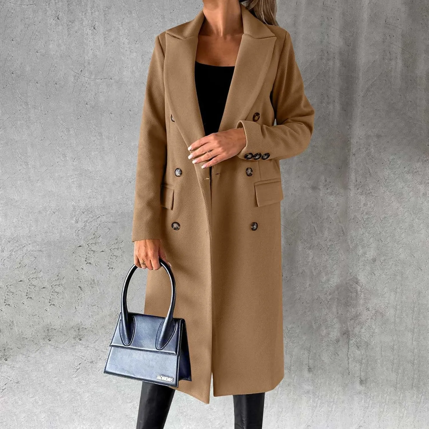 Womens Long Double Breasted Coats Lapel Collar Pea Coat Winter Slim Fit Jackets Trench Coat Outwears