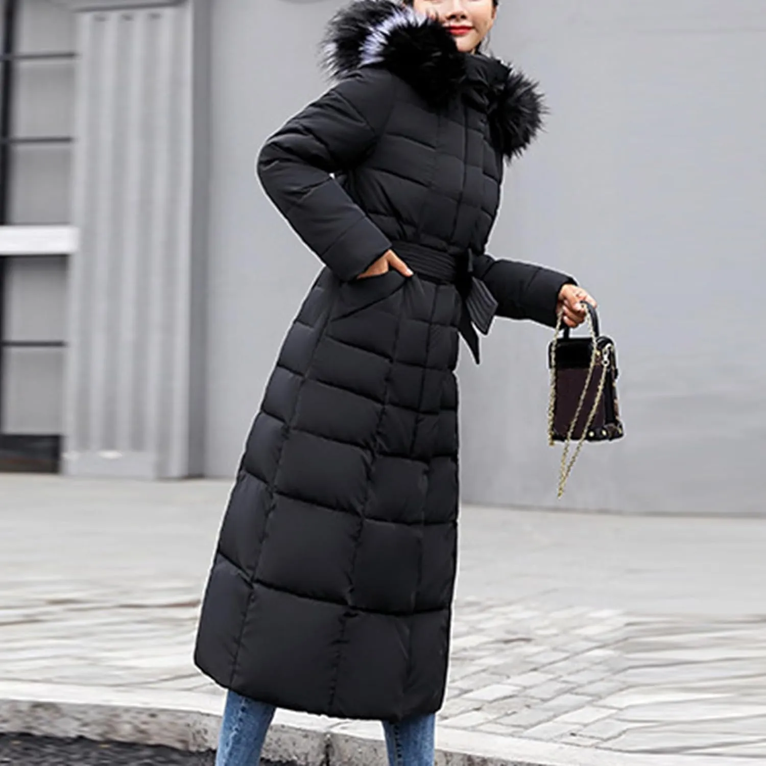 Womens Long Puffer Jacket Over Knee Removable Hooded Maxi Length Quilted Padded Winter Down Coat Parka Jackets