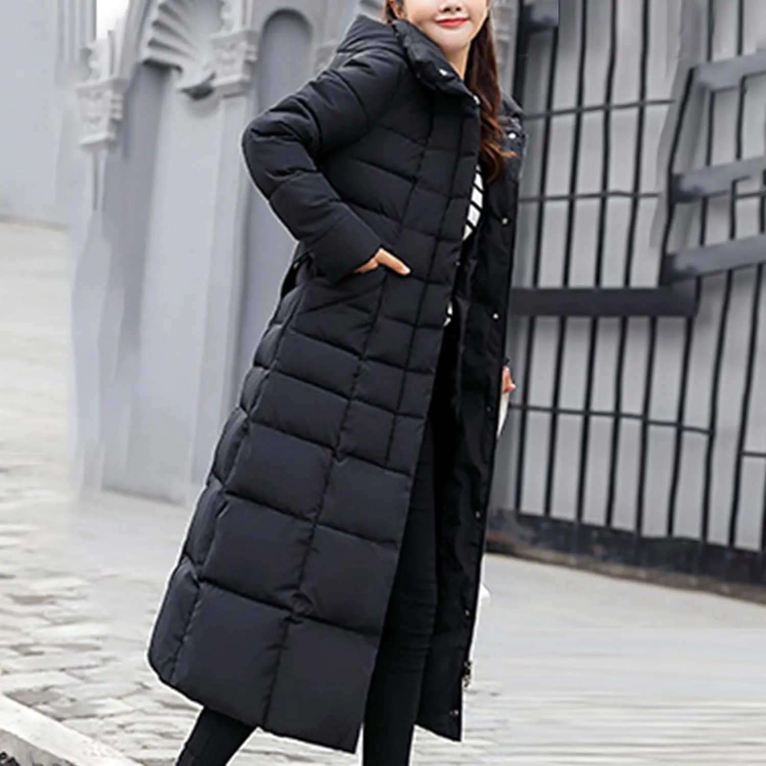 Womens Long Puffer Jacket Over Knee Removable Hooded Maxi Length Quilted Padded Winter Down Coat Parka Jackets