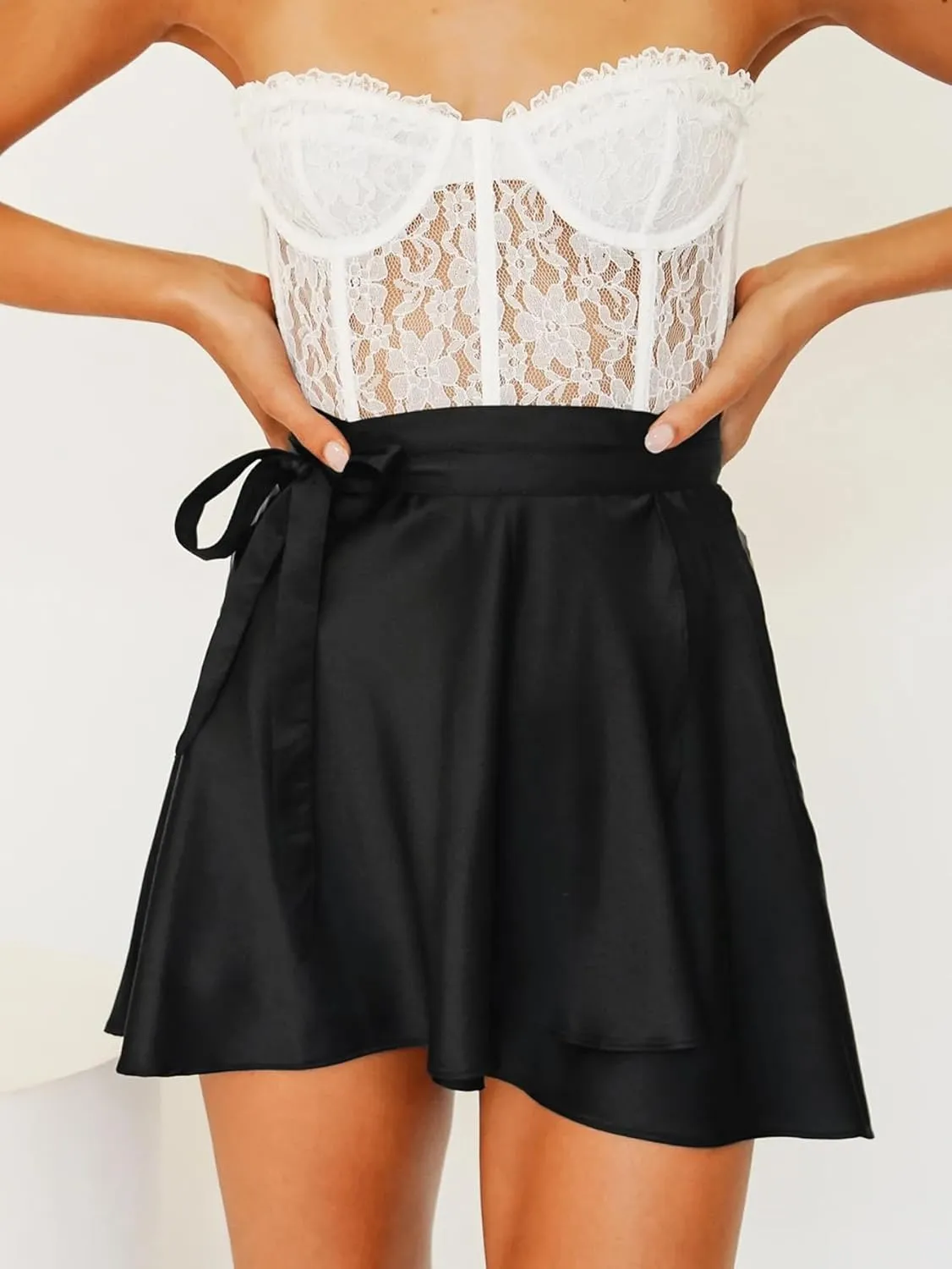 Women's Mini Skirts Adjustable Wrap Around Tie Belt Skirt High Waisted Stain Silky A-Line Short Skirt