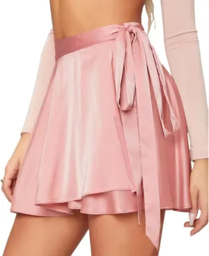 Women's Mini Skirts Adjustable Wrap Around Tie Belt Skirt High Waisted Stain Silky A-Line Short Skirt