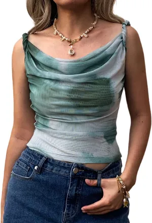 Women's Off The Shoulder Top Sleeveless Twist Strap Slim Fit Tie-Dyed Stretchy Tank Top Y2K Casual T Shirts