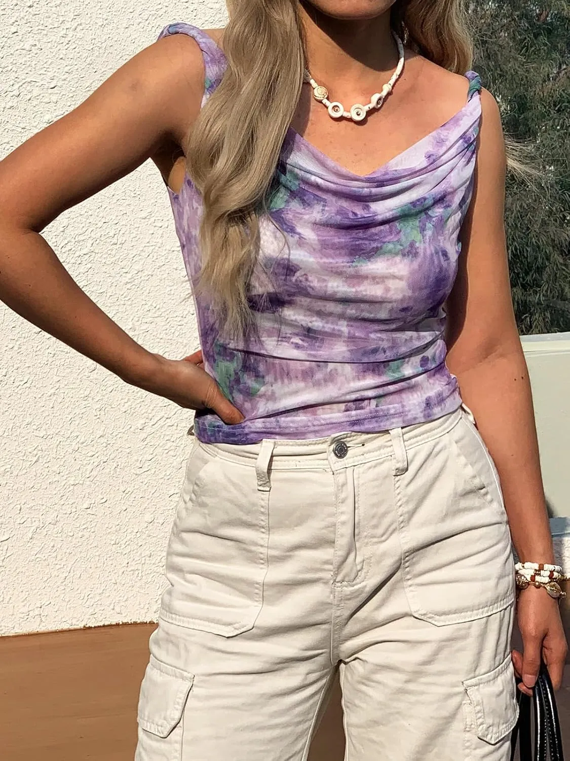 Women's Off The Shoulder Top Sleeveless Twist Strap Slim Fit Tie-Dyed Stretchy Tank Top Y2K Casual T Shirts