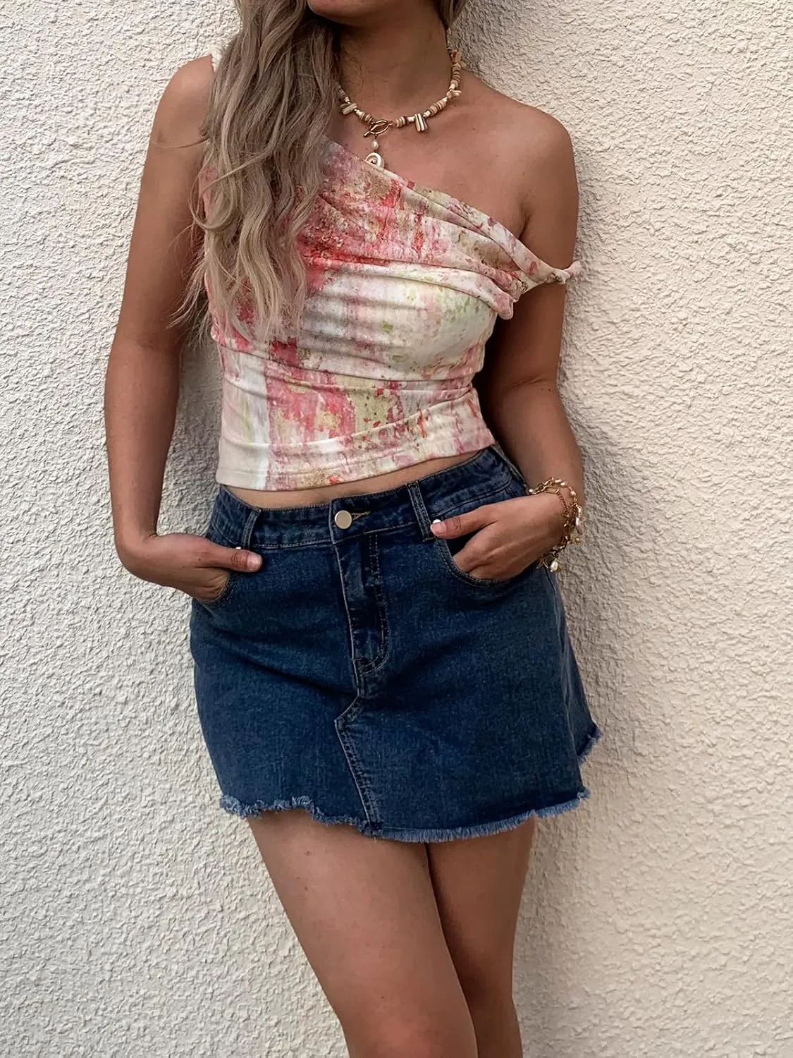 Women's Off The Shoulder Top Sleeveless Twist Strap Slim Fit Tie-Dyed Stretchy Tank Top Y2K Casual T Shirts