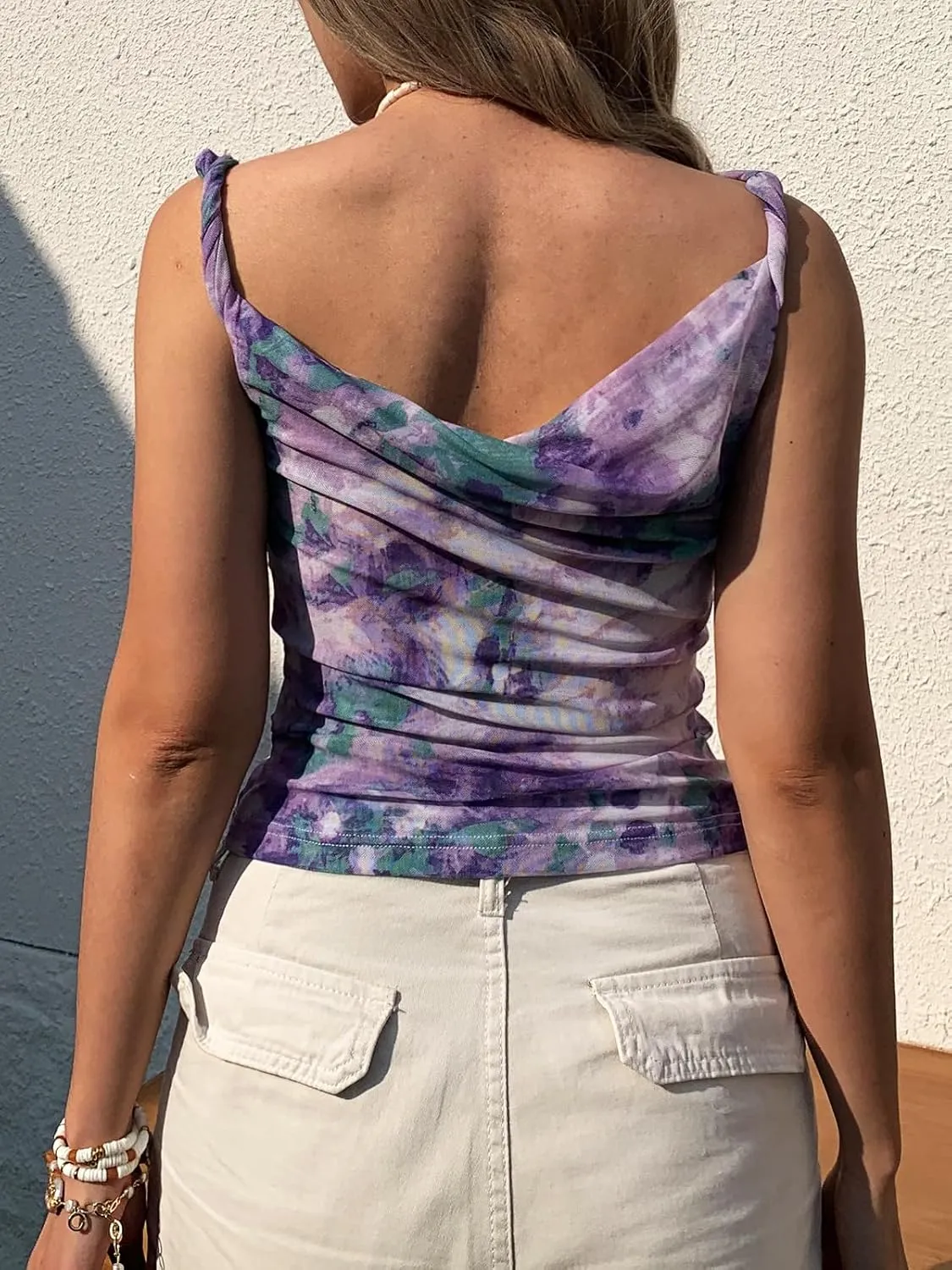 Women's Off The Shoulder Top Sleeveless Twist Strap Slim Fit Tie-Dyed Stretchy Tank Top Y2K Casual T Shirts