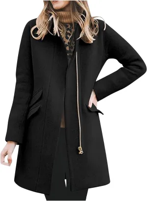 Womens Pea Coat Wool Blend Trench Coat Trendy Zipper Fall Winter Mid Long Jacket Vacation Solid Color Casual Overcoat