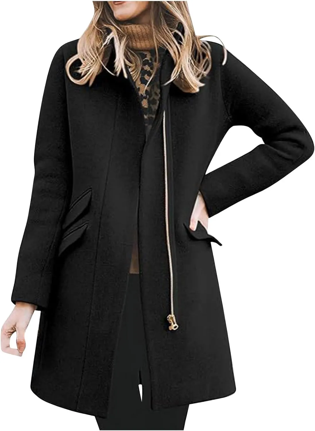 Womens Pea Coat Wool Blend Trench Coat Trendy Zipper Fall Winter Mid Long Jacket Vacation Solid Color Casual Overcoat