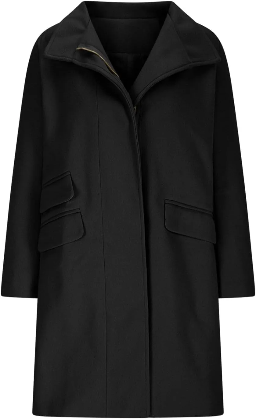 Womens Pea Coat Wool Blend Trench Coat Trendy Zipper Fall Winter Mid Long Jacket Vacation Solid Color Casual Overcoat