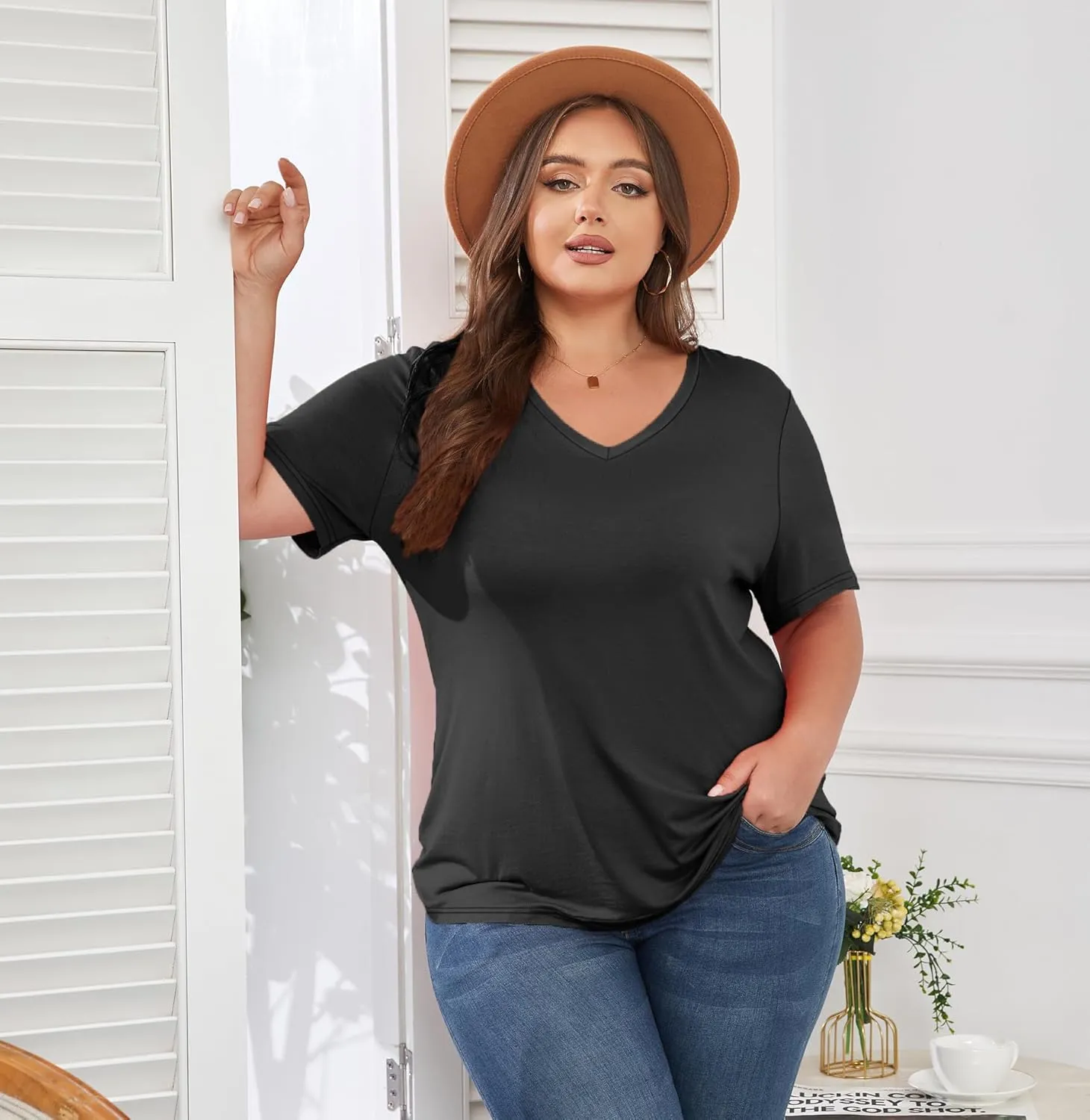 Women's Plus Size Short Sleeve Tee Shirt V Neck Basic Ladies Loose Fit T Shirt 1X-5X