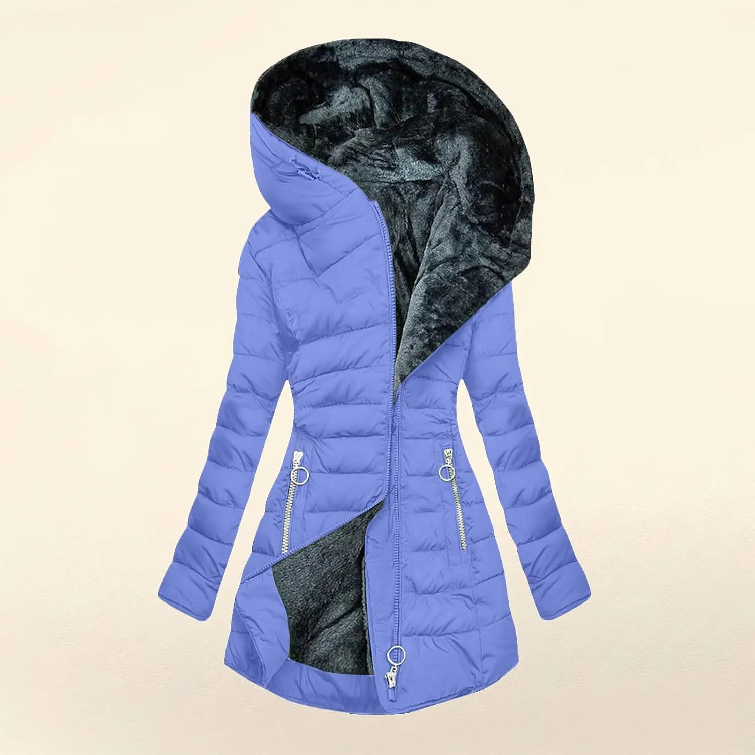 Women's Puffer Jacket Zip Up Coats with Pockets Winter Warm Hooded Outerwear Plain Long Down Jackets Comfy Parkas