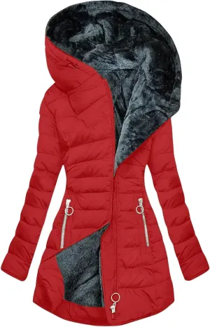 Women's Puffer Jacket Zip Up Coats with Pockets Winter Warm Hooded Outerwear Plain Long Down Jackets Comfy Parkas