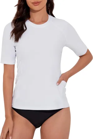 Women's Rash Guard UPF 50  Short Sleeve Swim Shirt Quick Dry Lightweight Bathing Suit Top Swimsuit Top with Pockets