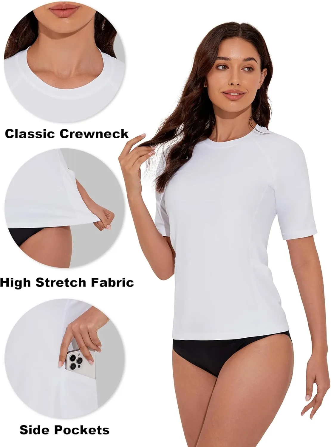 Women's Rash Guard UPF 50  Short Sleeve Swim Shirt Quick Dry Lightweight Bathing Suit Top Swimsuit Top with Pockets