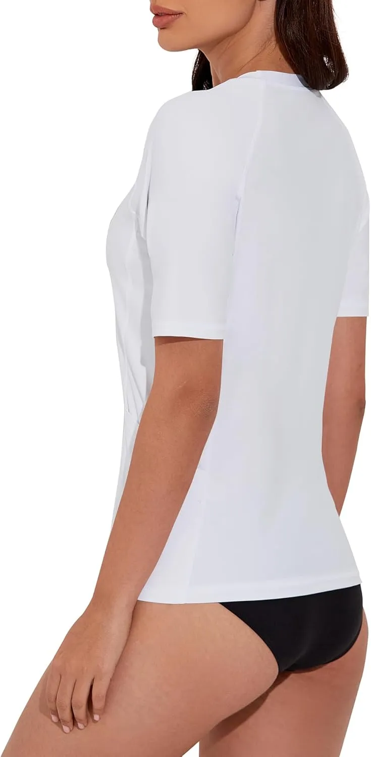 Women's Rash Guard UPF 50  Short Sleeve Swim Shirt Quick Dry Lightweight Bathing Suit Top Swimsuit Top with Pockets