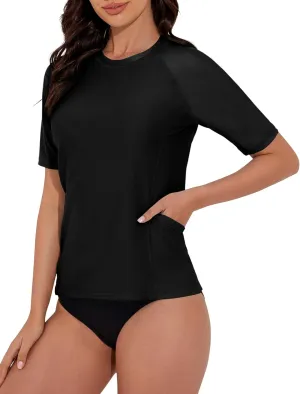 Women's Rash Guard UPF 50  Short Sleeve Swim Shirt Quick Dry Lightweight Bathing Suit Top Swimsuit Top with Pockets