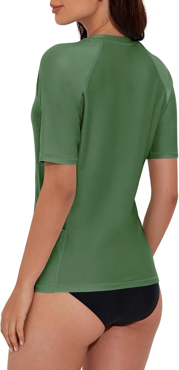 Women's Rash Guard UPF 50  Short Sleeve Swim Shirt Quick Dry Lightweight Bathing Suit Top Swimsuit Top with Pockets