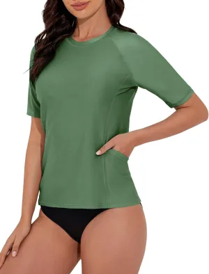 Women's Rash Guard UPF 50  Short Sleeve Swim Shirt Quick Dry Lightweight Bathing Suit Top Swimsuit Top with Pockets