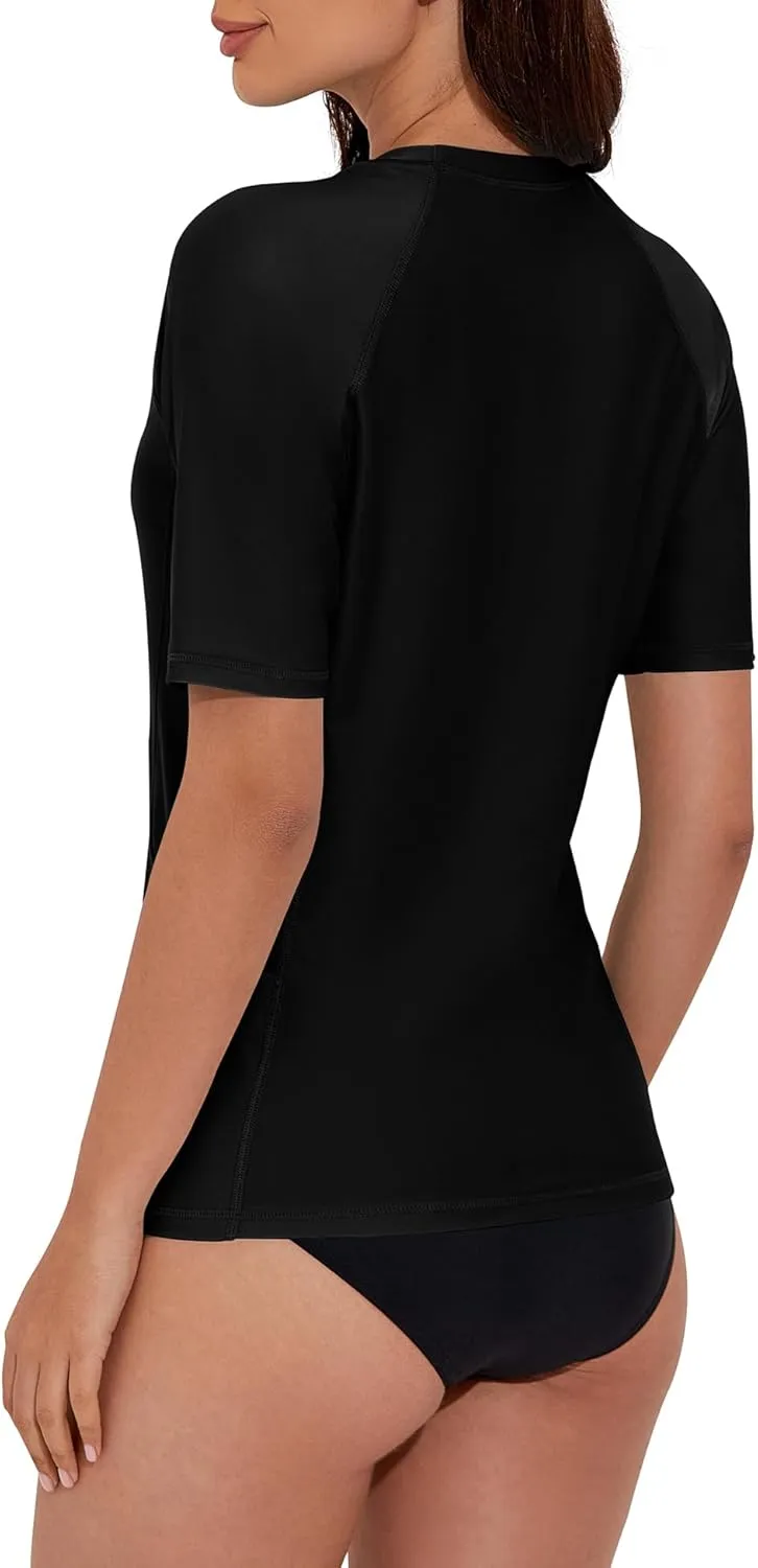 Women's Rash Guard UPF 50  Short Sleeve Swim Shirt Quick Dry Lightweight Bathing Suit Top Swimsuit Top with Pockets