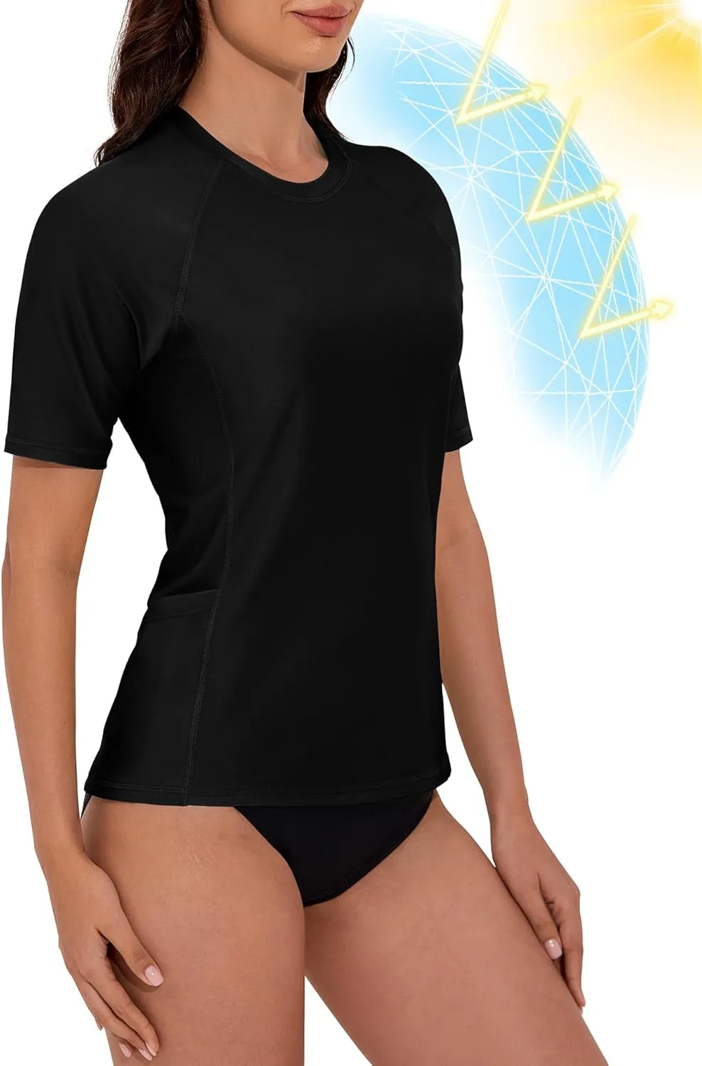 Women's Rash Guard UPF 50  Short Sleeve Swim Shirt Quick Dry Lightweight Bathing Suit Top Swimsuit Top with Pockets