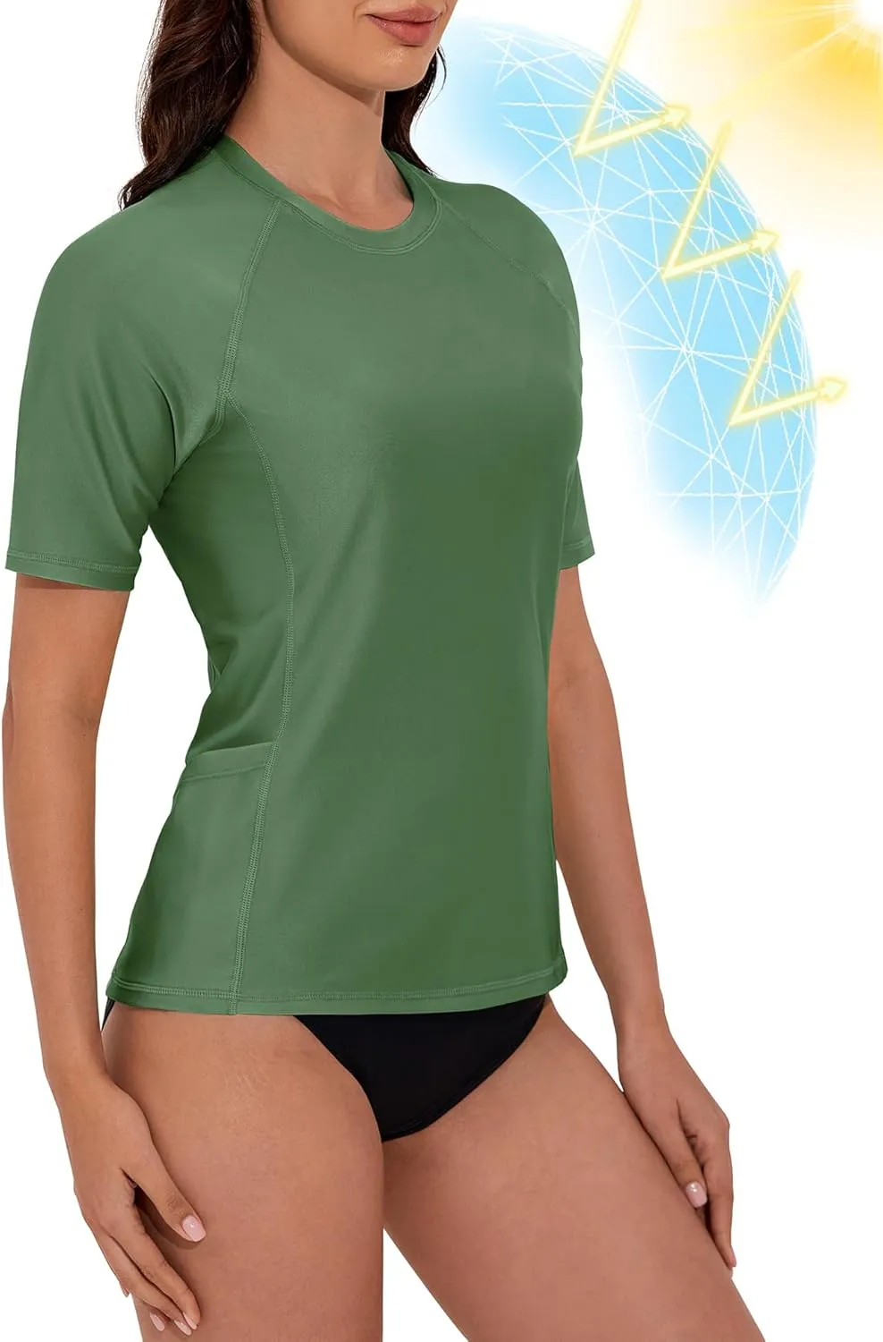 Women's Rash Guard UPF 50  Short Sleeve Swim Shirt Quick Dry Lightweight Bathing Suit Top Swimsuit Top with Pockets