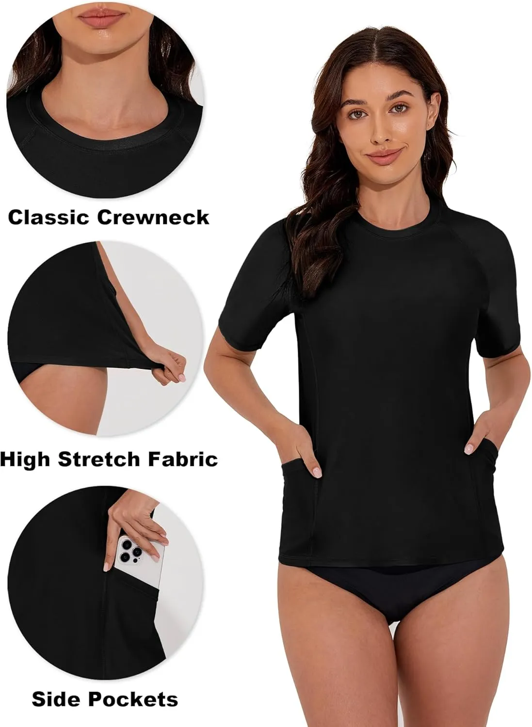 Women's Rash Guard UPF 50  Short Sleeve Swim Shirt Quick Dry Lightweight Bathing Suit Top Swimsuit Top with Pockets