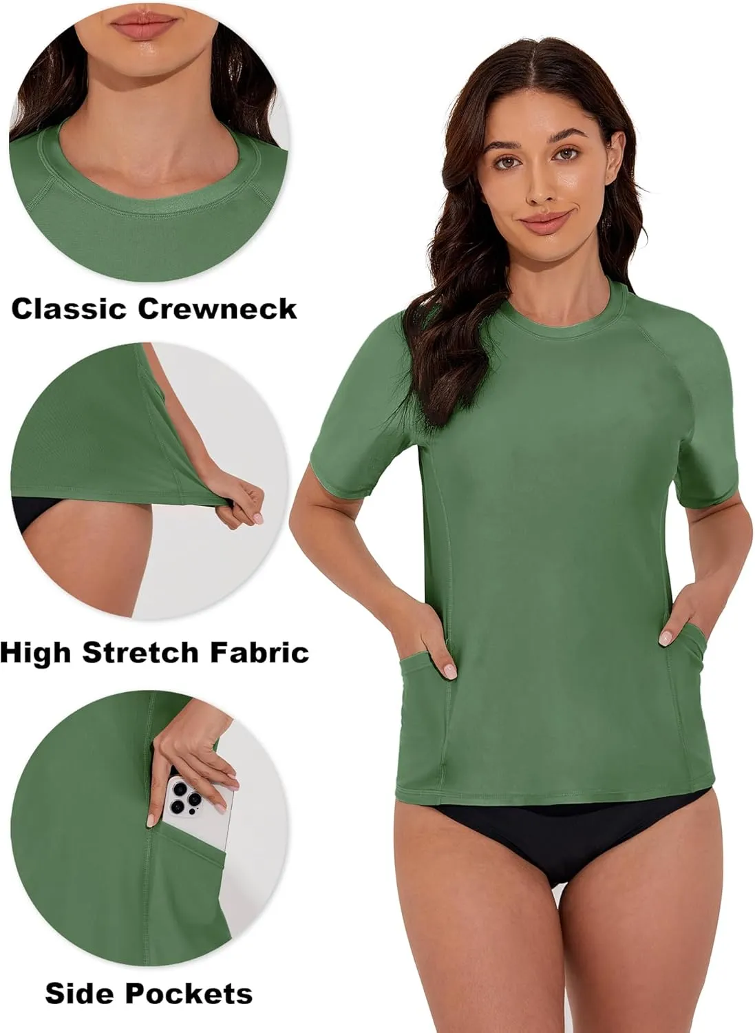 Women's Rash Guard UPF 50  Short Sleeve Swim Shirt Quick Dry Lightweight Bathing Suit Top Swimsuit Top with Pockets