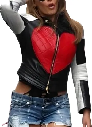 Women's Real Leather Time Bomb Heart Jacket - White & Black YKK Zipper KM Actress Jacket
