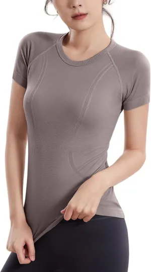 Women's Seamless Workout T-Shirt Stretchy Running Top,Quick-Dry Yoga Shirt with Textured Design for Athletic Gym