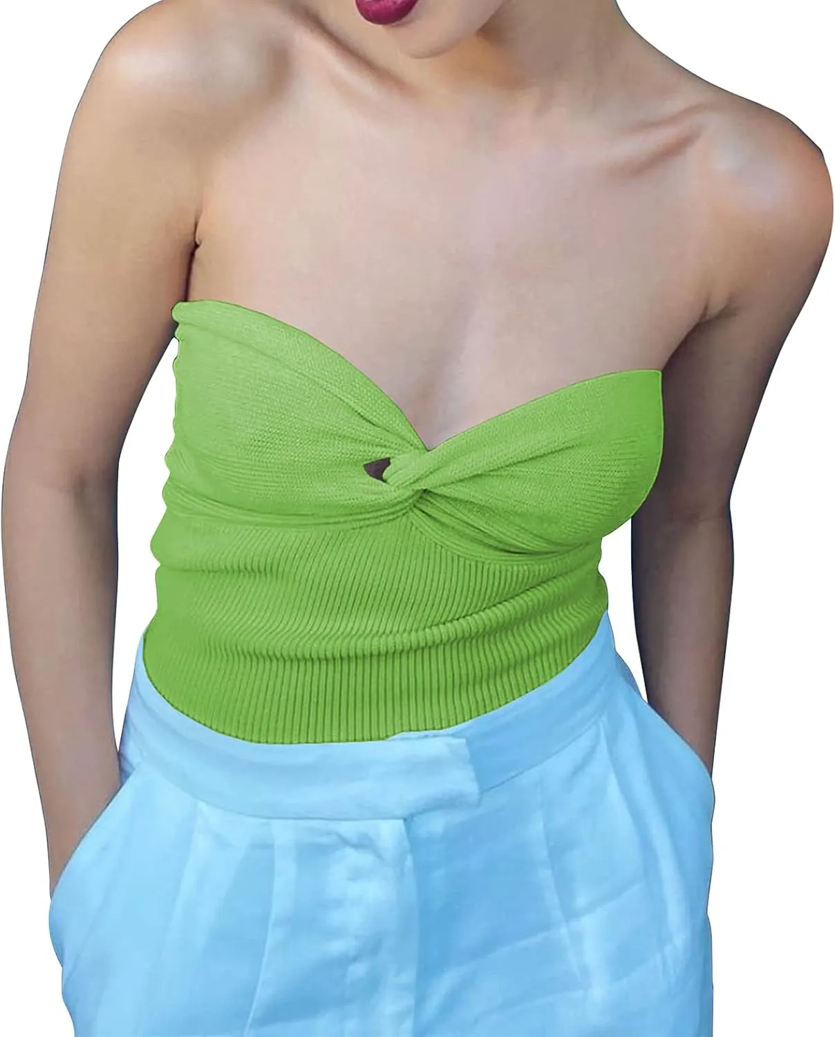 Women's Sexy Crop Tops Strapless Twisted Front Ribbed Knit Tube Top Sleeveless Sweetheart Neck Y2K Camisole Tank Top