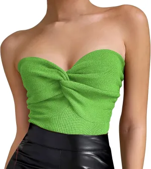 Women's Sexy Crop Tops Strapless Twisted Front Ribbed Knit Tube Top Sleeveless Sweetheart Neck Y2K Camisole Tank Top