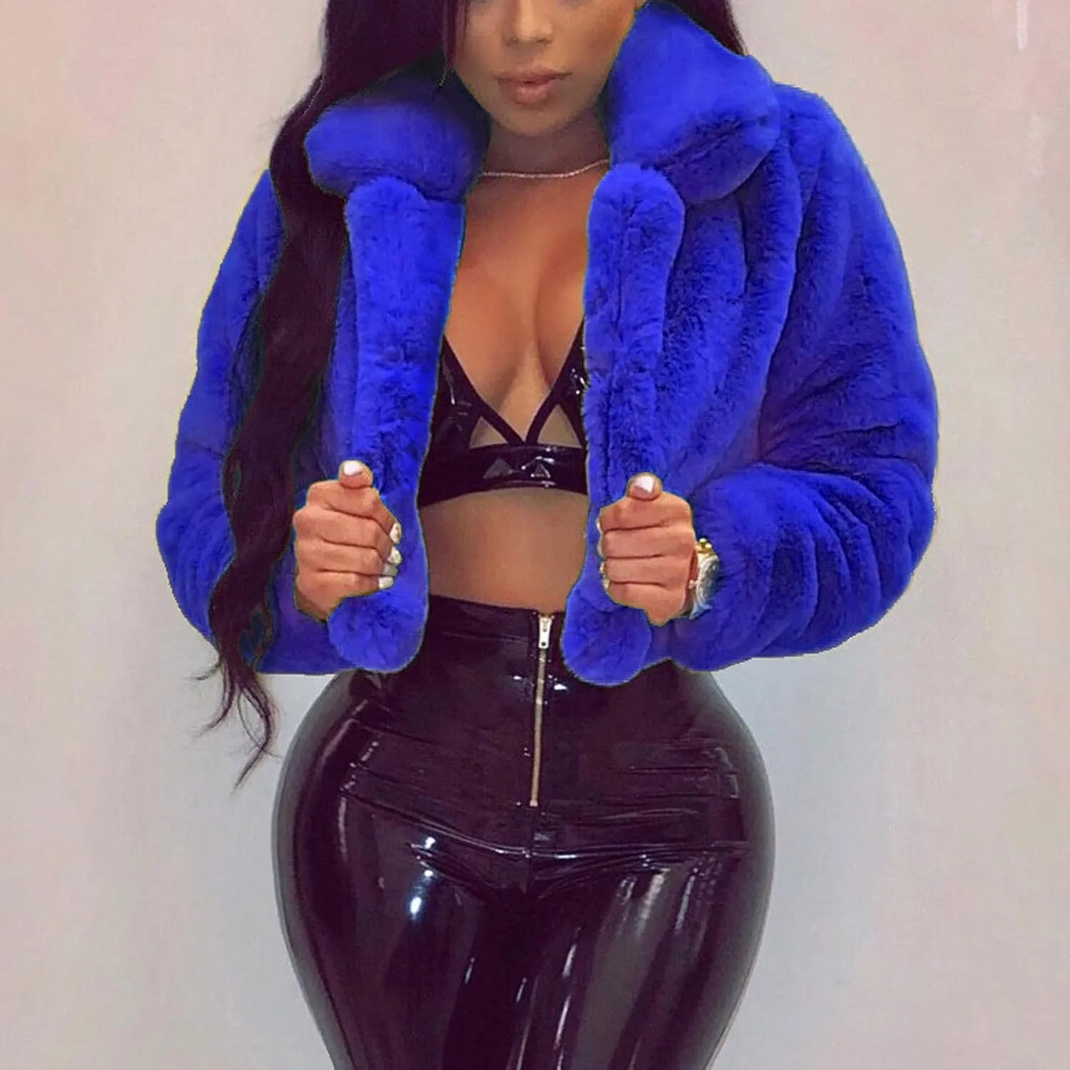 Womens Short Fur Coat Fluffys Fleece Outwear Turn-Down Collar Faux Furs Tops Winter Warm Sweater Jacket