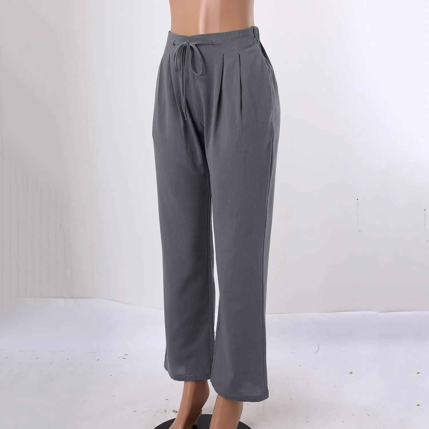 Womens Striped Pants and Straight Solid Elastic Pants Long Drawstring Women Waist Cotton Wide Leg High Waisted
