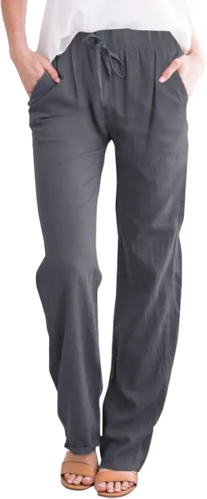 Womens Striped Pants and Straight Solid Elastic Pants Long Drawstring Women Waist Cotton Wide Leg High Waisted