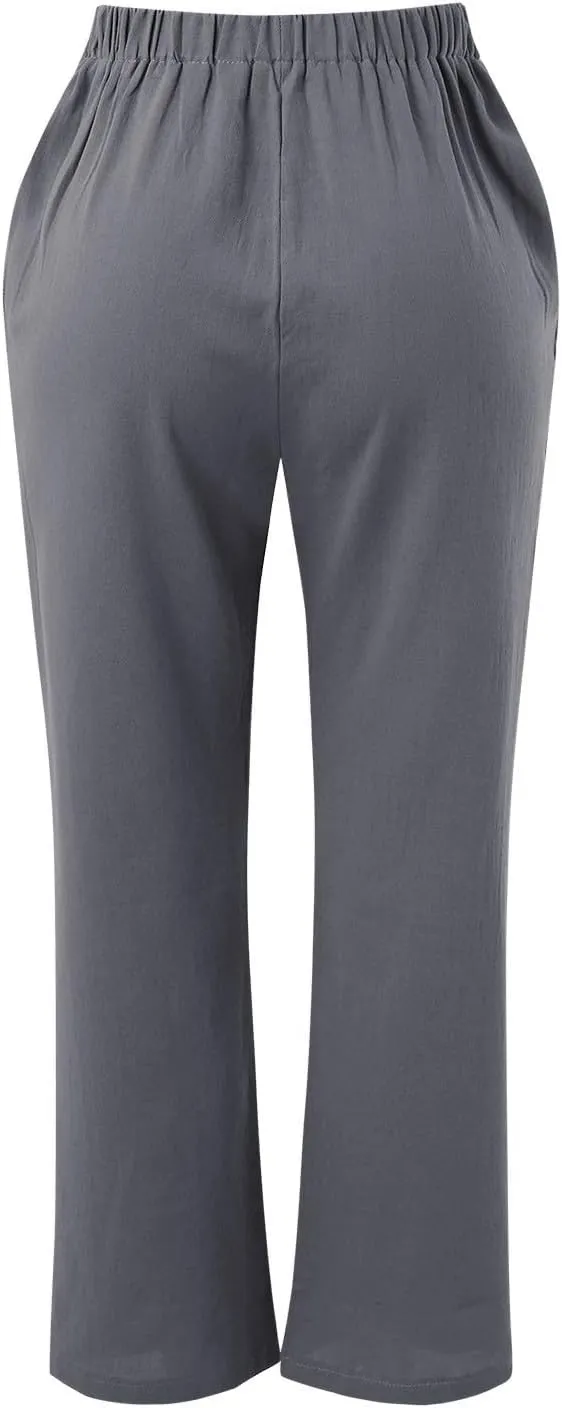 Womens Striped Pants and Straight Solid Elastic Pants Long Drawstring Women Waist Cotton Wide Leg High Waisted