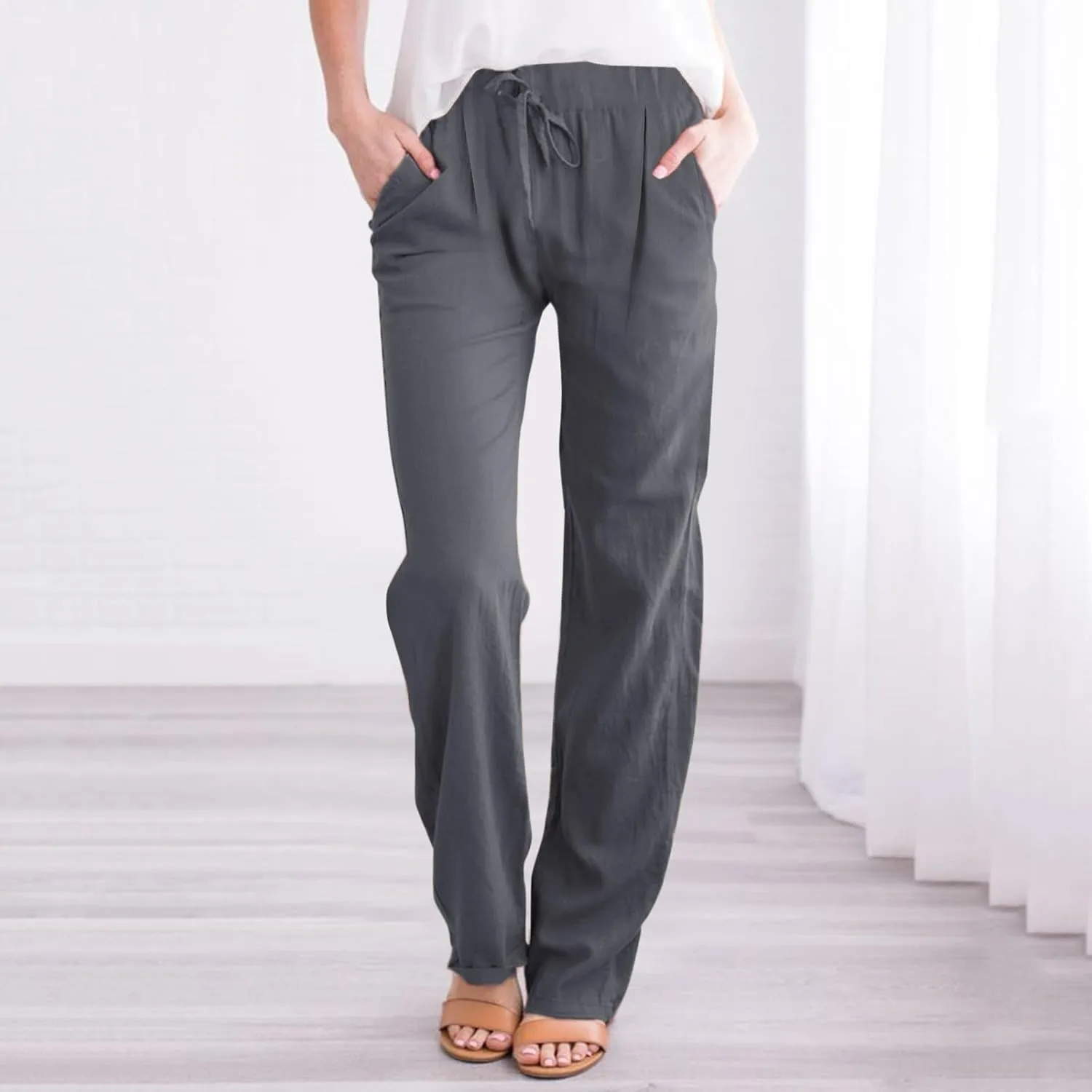 Womens Striped Pants and Straight Solid Elastic Pants Long Drawstring Women Waist Cotton Wide Leg High Waisted