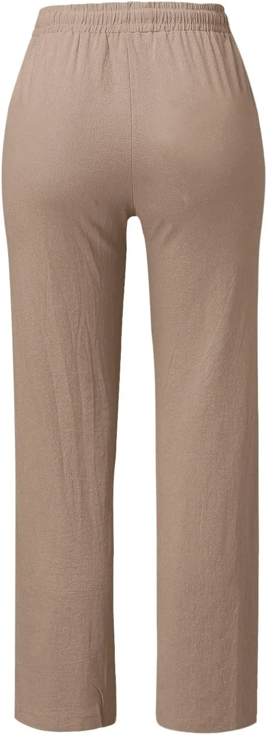 Womens Summer Fashion Linen Cotton Pants Straight Wide Leg Drawstring Long Pants Lounge Beach Trousers Outfits