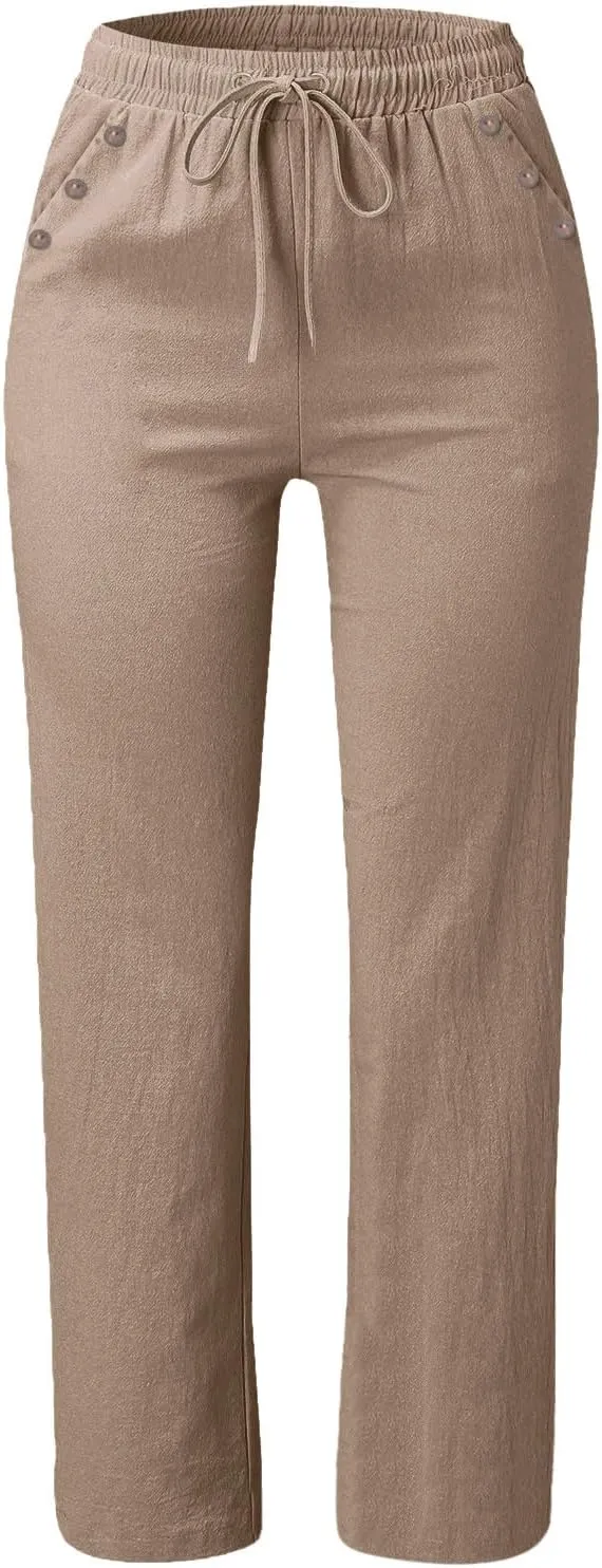 Womens Summer Fashion Linen Cotton Pants Straight Wide Leg Drawstring Long Pants Lounge Beach Trousers Outfits