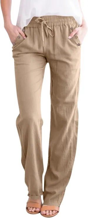 Womens Summer Fashion Linen Cotton Pants Straight Wide Leg Drawstring Long Pants Lounge Beach Trousers Outfits