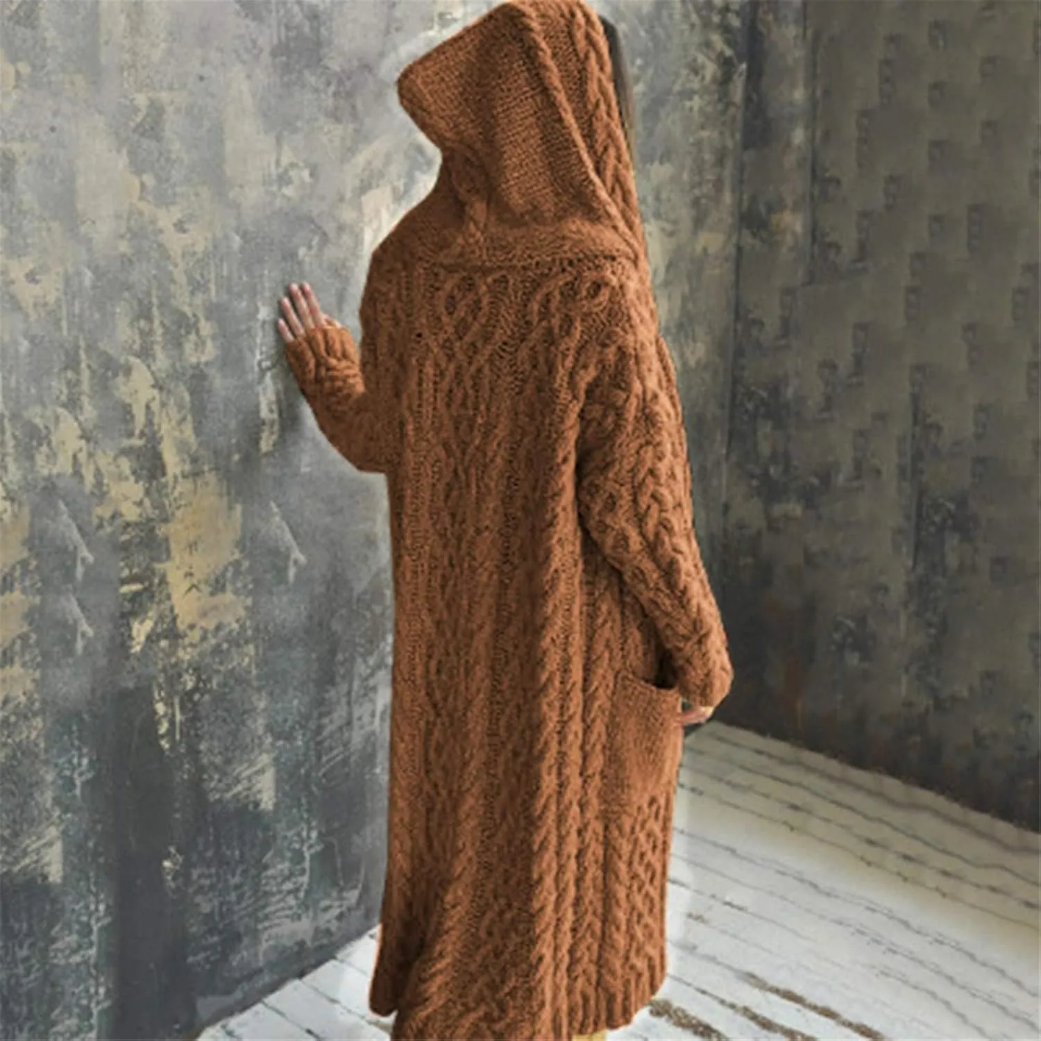 Women's Trench Coat Large Women Pocket Sweater Breasted Cardigan Hood Sleeves Women's Coat Woman Coat Wool Coats for