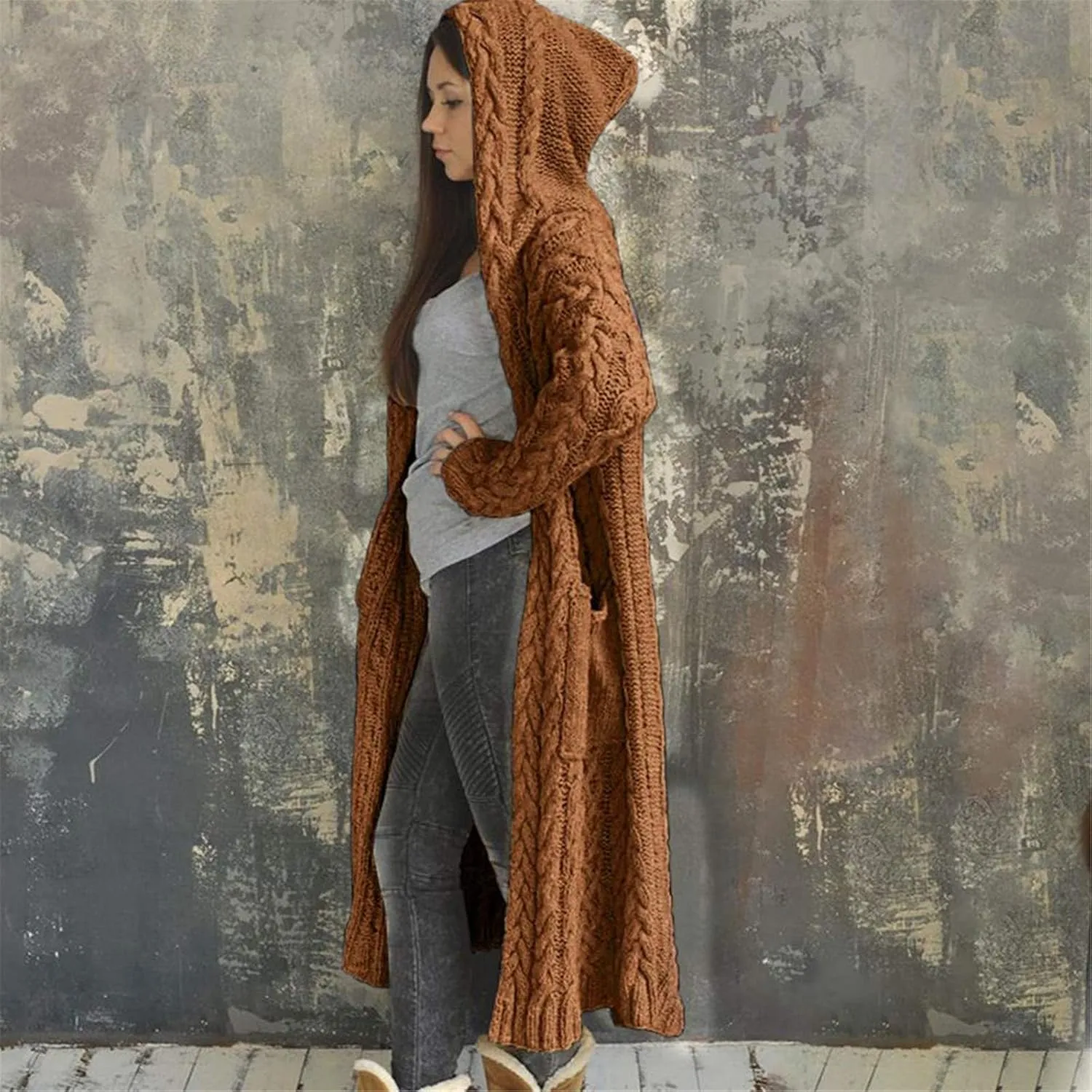 Women's Trench Coat Large Women Pocket Sweater Breasted Cardigan Hood Sleeves Women's Coat Woman Coat Wool Coats for