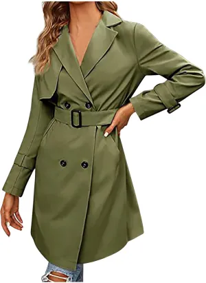 Womens Trench Coat Mid Long Retro Double-Breasted Winter Outwear Classic Lapel Overcoat Solid Slim Outerwear 2024