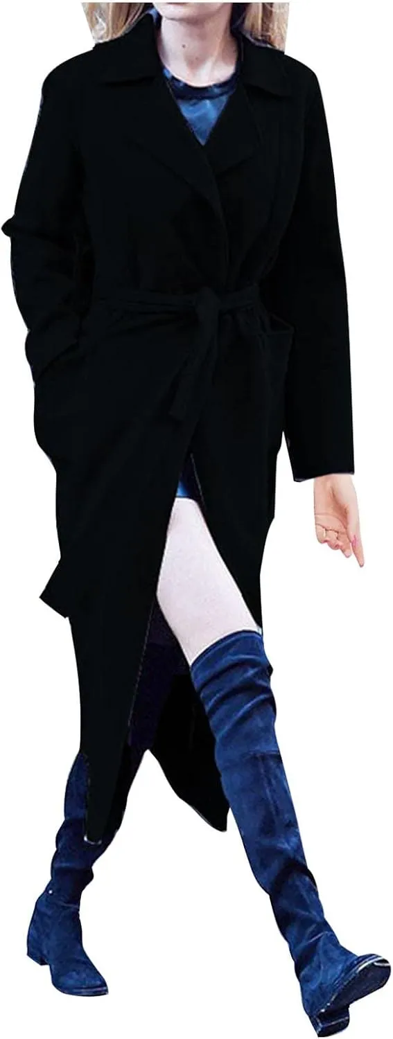 Womens Trench Coat Notched Lapel Double Breasted Wool Coat Winter Fashion Warm Pea Coats Elegant Casual Overcoat
