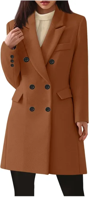 Womens Trench Coat Warm Double Breasted Wool Pea Coat Notched Lapel Long Sleeve Jacket Overcoat with Pockets