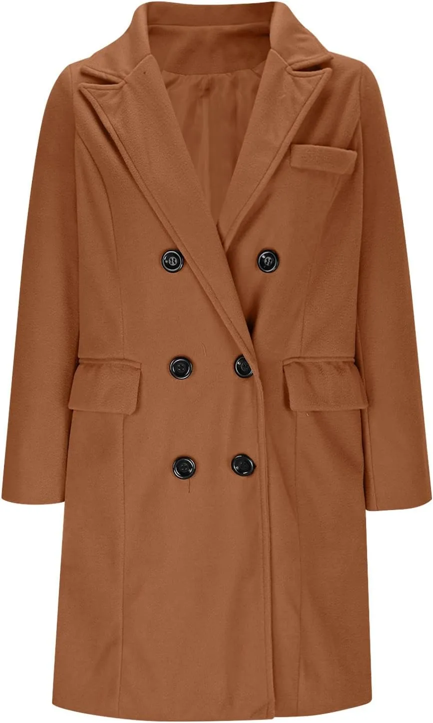 Womens Trench Coat Warm Double Breasted Wool Pea Coat Notched Lapel Long Sleeve Jacket Overcoat with Pockets
